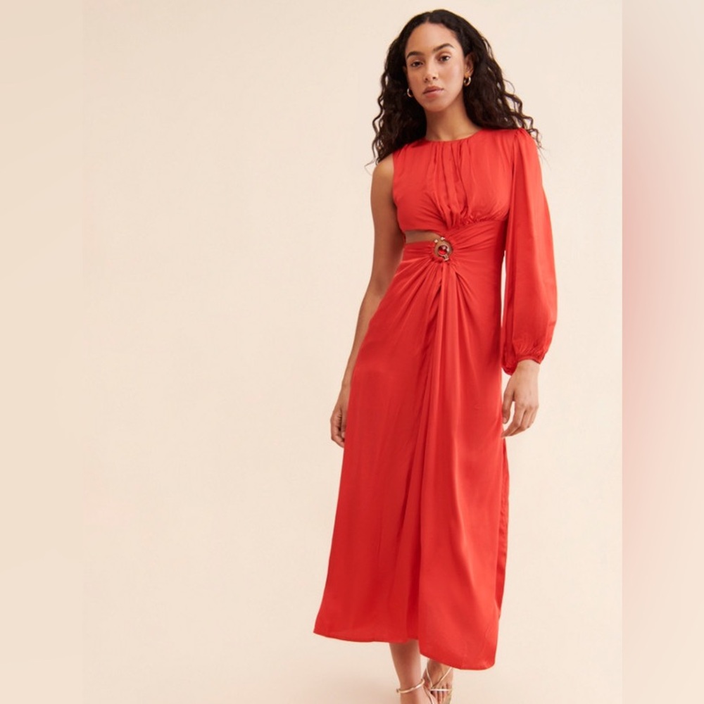 Farm Rio Anthropologie One Shoulder Cutout Maxi Dress Ruby Red XS - Picture 2 of 6
